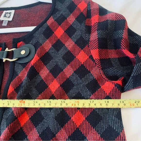 Red/Black Duster Cardigan Diagonal Plaid Long Sleeve Size M Classic Elegant - Picture 10 of 10